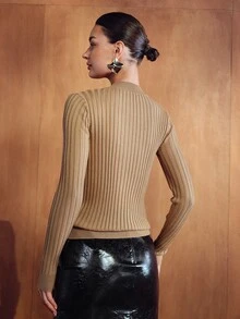 MOTF WOMEN'S SOLID COLOR CASUAL DAILY LONG SLEEVE SWEATER - Khaki - View 3
