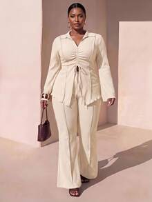 Zivah Apricot Spring/Summer Plus Size Women's Casual Set, Lapel Front Tie Flared Sleeve Cardigan + Elastic Waist Wide Leg Pants, Classic Elegant Minimalist 2 Pieces Set - Apricot - View 1