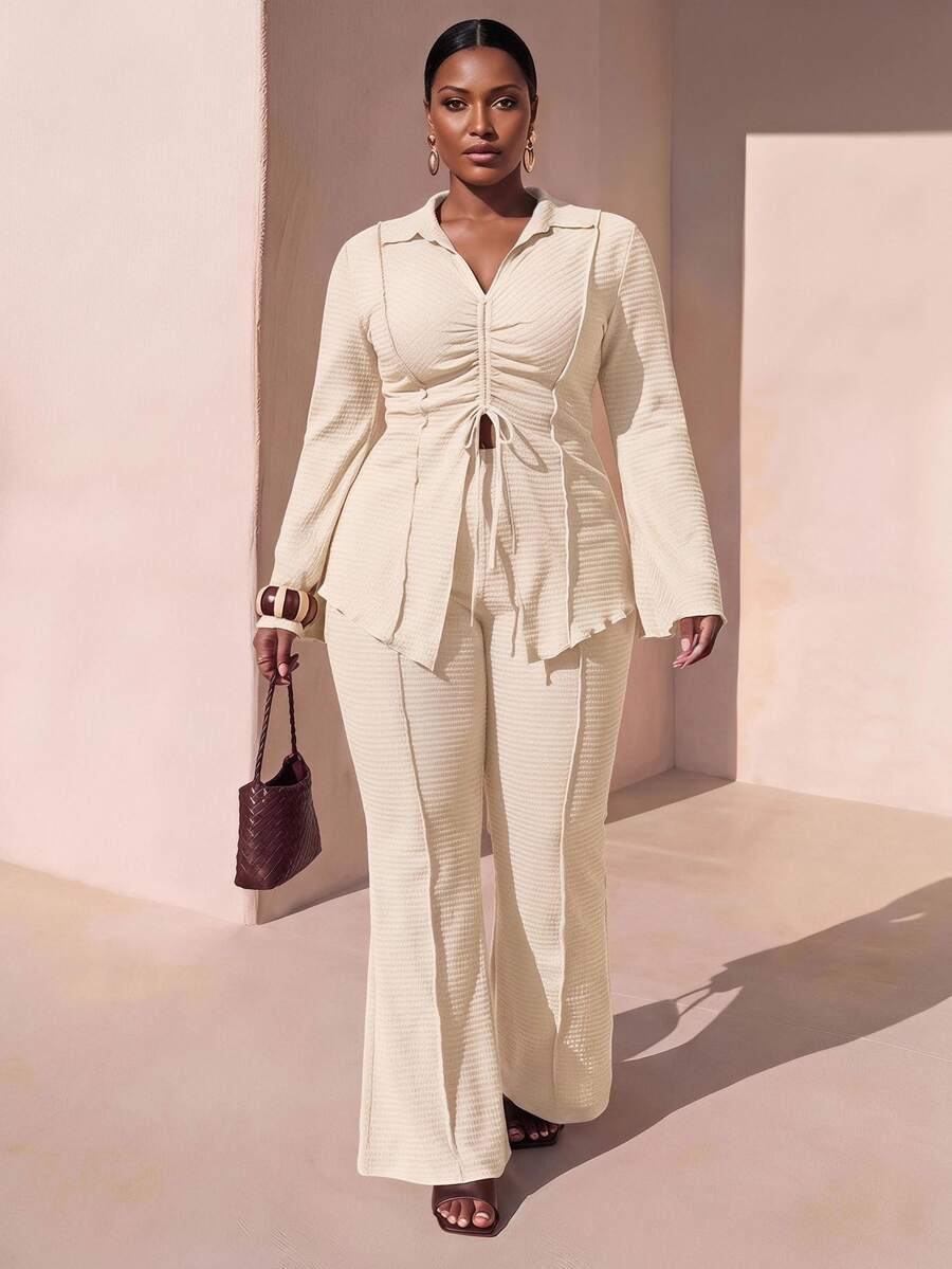 Zivah Apricot Spring/Summer Plus Size Women's Casual Set, Lapel Front Tie Flared Sleeve Cardigan + Elastic Waist Wide Leg Pants, Classic Elegant Minimalist 2 Pieces Set - Apricot - View 1