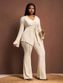 Zivah Apricot Spring/Summer Plus Size Women's Casual Set, Lapel Front Tie Flared Sleeve Cardigan + Elastic Waist Wide Leg Pants, Classic Elegant Minimalist 2 Pieces Set - Apricot - View 7