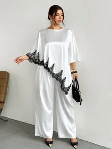 Firerie مجموعة كيب من الساتان الأبيض مقاس كبير من قطعتين / تصميم أنيق يومي بألوان متباينة مع تطريز دانتيل / للحفلات والمواعيد / كيب بألوان متباينة / ساتان / مجموعات للحفلات أو سهرات المواعيد - أبيض - مشاهدة 8