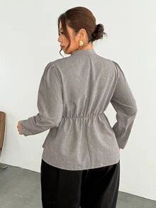 Firerie Slimming Pleated-Waist Shirt / Elegant Plus-Size Long-Sleeve Grey Workwear Top / Button-Front / Blazer-Style Fall - Grey - View 4
