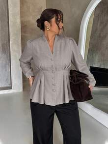 Firerie Slimming Pleated-Waist Shirt / Elegant Plus-Size Long-Sleeve Grey Workwear Top / Button-Front / Blazer-Style Fall - Grey - View 1