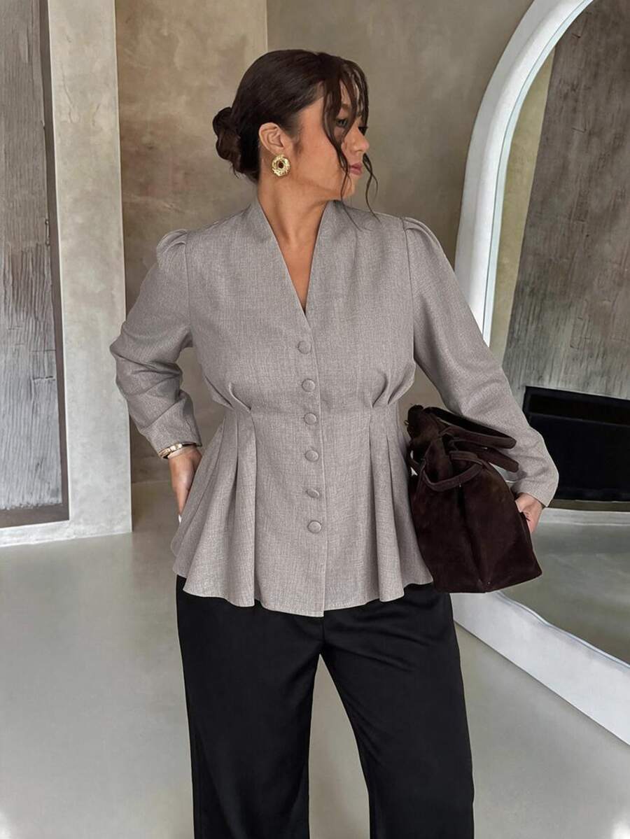 Firerie Slimming Pleated-Waist Shirt / Elegant Plus-Size Long-Sleeve Grey Workwear Top / Button-Front / Blazer-Style Fall - Grey - View 1