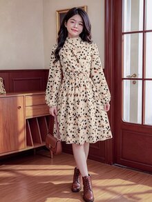 SHEIN 青少年女孩時尚簡約優雅休閒洋裝 豹紋長袖休閒洋裝 青少年女孩休閒時尚通勤立領喇叭下擺 A 字長洋裝 棕色洋裝 適合 14 歲女孩 - 杏色 - 查看 11
