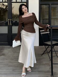 Feyla Ladies Stylish Puff Sleeve Square Neck Shirt Fashionable Shirred Dot Blouse - Coffee Brown - View 5