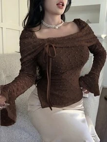 Feyla Ladies Stylish Puff Sleeve Square Neck Shirt Fashionable Shirred Dot Blouse - Coffee Brown - View 4