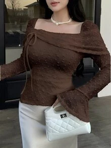 Feyla Ladies Stylish Puff Sleeve Square Neck Shirt Fashionable Shirred Dot Blouse - Coffee Brown - View 6