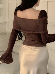 Feyla Ladies Stylish Puff Sleeve Square Neck Shirt Fashionable Shirred Dot Blouse - Coffee Brown - View 3