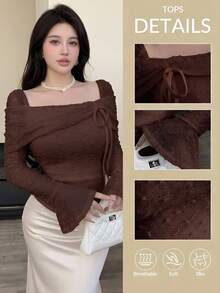 Feyla Ladies Stylish Puff Sleeve Square Neck Shirt Fashionable Shirred Dot Blouse - Coffee Brown - View 2
