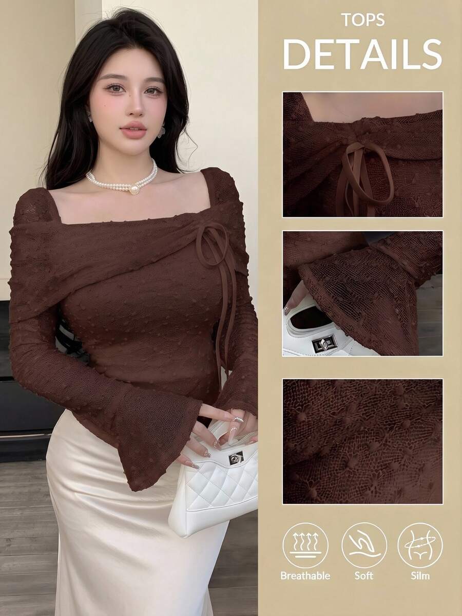 Feyla Ladies Stylish Puff Sleeve Square Neck Shirt Fashionable Shirred Dot Blouse