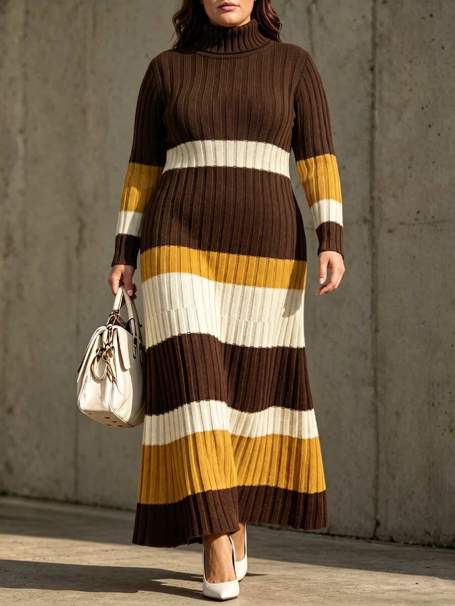 Linhara CURVE Plus Size Women's Autumn/Winter Maillard High Neck Color Block Ribbed Ribbed Knit Dress, Long Sleeve Long Length Waist-Cinching Sweater Dress, Suitable For Daily Commute, Date, Party And Other Occasions - Brown - View 1