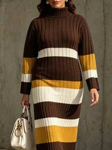 Linhara CURVE Plus Size Women's Autumn/Winter Maillard High Neck Color Block Ribbed Ribbed Knit Dress, Long Sleeve Long Length Waist-Cinching Sweater Dress, Suitable For Daily Commute, Date, Party And Other Occasions - Brown - View 5