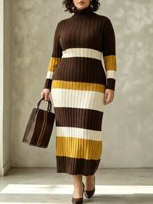 Linhara CURVE Plus Size Women's Autumn/Winter Maillard High Neck Color Block Ribbed Ribbed Knit Dress, Long Sleeve Long Length Waist-Cinching Sweater Dress, Suitable For Daily Commute, Date, Party And Other Occasions - Brown - View 3