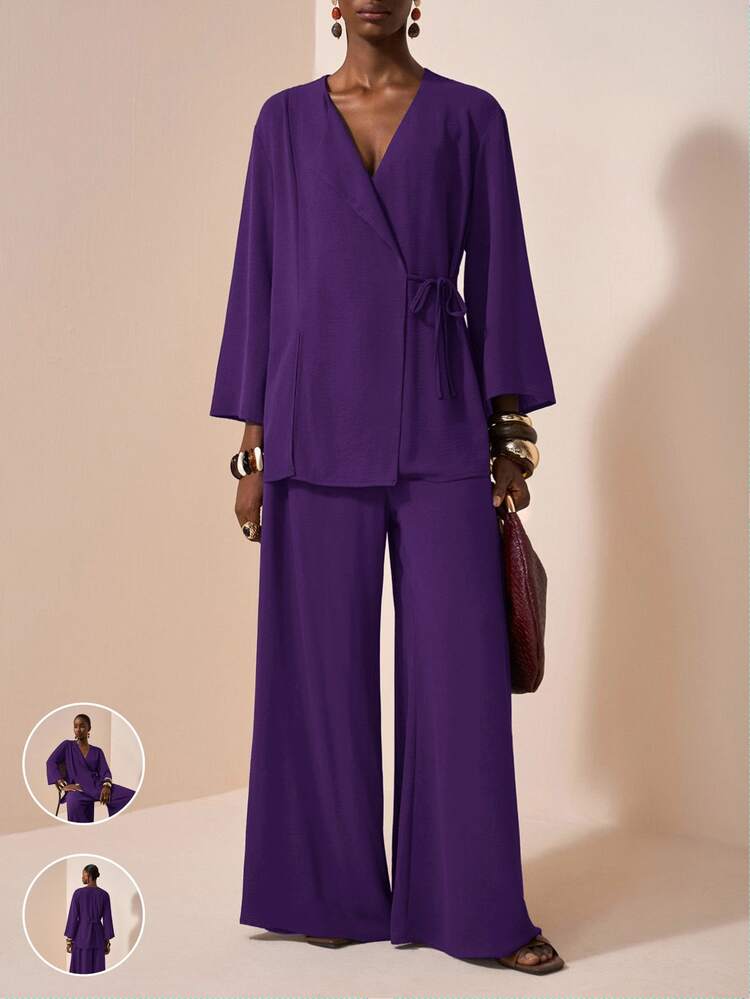 Zivah Plus Size Casual Formal Elegant Wrap Top And Wide Leg Pants Set Suitable For Everyday Wear In Purple Suits Women Pantsuit Wedding Office Dinner Autumn - Purple - View 3
