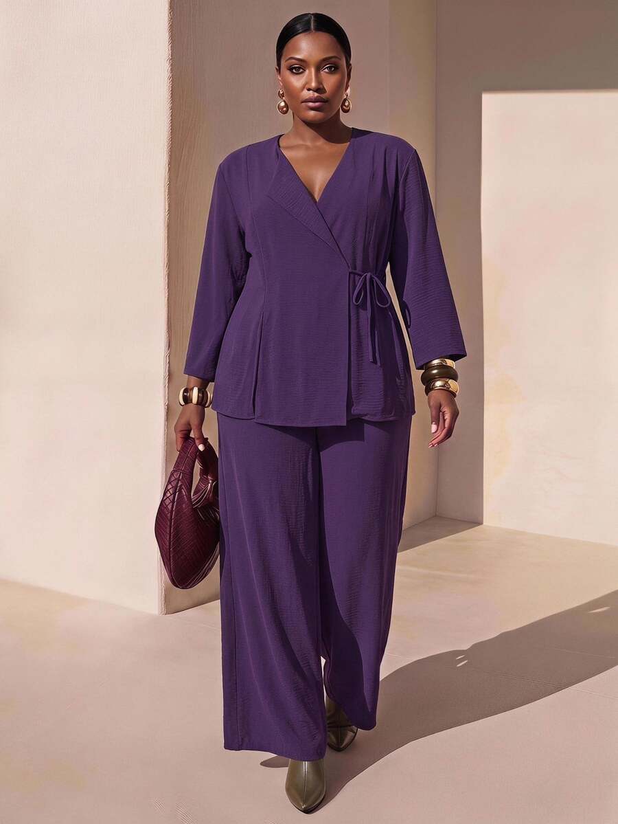 Zivah Plus Size Casual Formal Elegant Wrap Top And Wide Leg Pants Set Suitable For Everyday Wear In Purple Suits Women Pantsuit Wedding Office Dinner Autumn - Purple - View 1