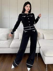 Feyla Women Black And White Checkered Button Front Pocket Long Sleeve Top And Pants Set 2 Pieces In Autumn Office Business Casual - Black and White - View 1