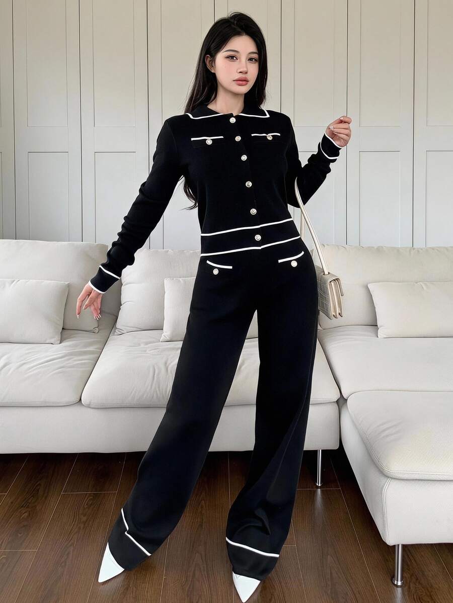 Feyla Women Black And White Checkered Button Front Pocket Long Sleeve Top And Pants Set 2 Pieces In Autumn Office Business Casual - Black and White - View 1
