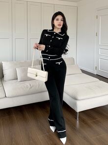 Feyla Women Black And White Checkered Button Front Pocket Long Sleeve Top And Pants Set 2 Pieces In Autumn Office Business Casual - Black and White - View 4