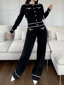 Feyla Women Black And White Checkered Button Front Pocket Long Sleeve Top And Pants Set 2 Pieces In Autumn Office Business Casual - Black and White - View 5
