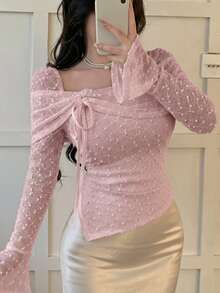 Feyla Women's Elegant Foldover Square Neck Flare Sleeve Asymmetrical Hem Fitted T-Shirt Swiss Dot Spring Summer Top - Dusty Pink - View 7