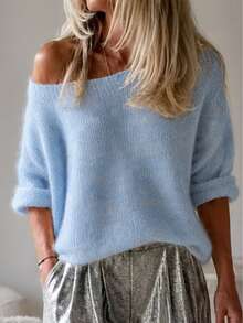 SHEIN Franclia Fall Winter Light Blue Off Shoulder Short Sleeve Knit Top, Women Loose Drop Shoulder Soft Fluffy Cropped Casual Romantic Slouchy Sweater Brunch - Blue - View 6