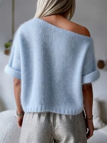 SHEIN Franclia Fall Winter Light Blue Off Shoulder Short Sleeve Knit Top, Women Loose Drop Shoulder Soft Fluffy Cropped Casual Romantic Slouchy Sweater Brunch - Blue - View 5