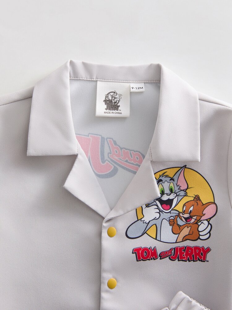 TOM & JERRY X SHEIN 2pcs Baby Boy Casual Cute Cartoon Pattern Short Sleeve T-Shirt And Shorts Set, Summer - Khaki - View 4