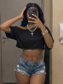Fiercella Fiercella Women's White Asymmetrical Neck Crop Top With Fringe, Oversized Streetwear Versatile Y2K Fashion Sexy Short Sleeve T-Shirt, Spring/Summer - Black - View 1