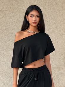 Fiercella Fiercella Women's White Asymmetrical Neck Crop Top With Fringe, Oversized Streetwear Versatile Y2K Fashion Sexy Short Sleeve T-Shirt, Spring/Summer - Black - View 7