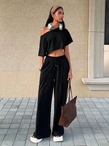 Fiercella Fiercella Women's White Asymmetrical Neck Crop Top With Fringe, Oversized Streetwear Versatile Y2K Fashion Sexy Short Sleeve T-Shirt, Spring/Summer - Black - View 5
