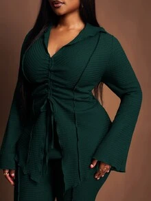 Zivah Dark Green Solid Color Spring/Summer Plus Size Women's Casual Set, Lapel Front Tie Flared Sleeve Cardigan + Elastic Waist Wide Leg Pants, Classic Elegant Minimalist 2 Pieces Set - Dark Green - View 9