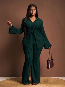 Zivah Dark Green Solid Color Spring/Summer Plus Size Women's Casual Set, Lapel Front Tie Flared Sleeve Cardigan + Elastic Waist Wide Leg Pants, Classic Elegant Minimalist 2 Pieces Set - Dark Green - View 8