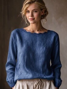 SHEIN Women's Casual Elegant Light Linen Round Neck Lace Trim Minimalist Commute Versatile Daily Blouse - Blue - View 1