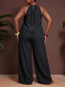 Veslaya Casual Baggy Minimalist Black Textured Fabric Plus Size 2 Pieces Set Suitable For Summer, Vacation, Office Formal - Black - View 2