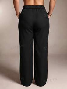 SHEIN PETITE CURVE 大尺碼女款純色休閒俐落百搭日常長褲 辦公正式款 黑色 秋冬 - 黑色 - 查看 8