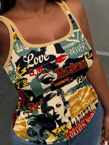 Veslaya Vintage Streetwear Novelty Baggy Poster Print Loose Fit Square Neck Casual Tank Top For Plus Size Women Going Out Formal Tan Summer - Multicolor - View 5
