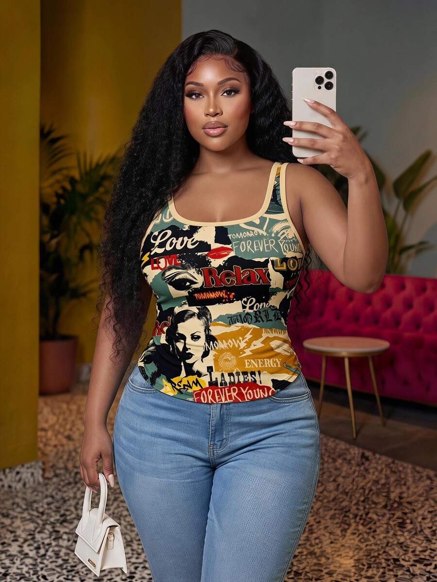 Veslaya Vintage Streetwear Novelty Baggy Poster Print Loose Fit Square Neck Casual Tank Top For Plus Size Women Going Out Formal Tan Summer - Multicolor - View 1