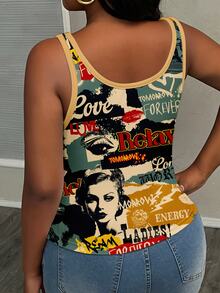 Veslaya Vintage Streetwear Novelty Baggy Poster Print Loose Fit Square Neck Casual Tank Top For Plus Size Women Going Out Formal Tan Summer - Multicolor - View 2