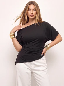 Maija Plus Size Women's Asymmetric Neck Sleeveless Casual T-Shirt Top, Spring/Summer Chic - Black - View 2