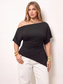 Maija Plus Size Women's Asymmetric Neck Sleeveless Casual T-Shirt Top, Spring/Summer Chic - Black - View 5
