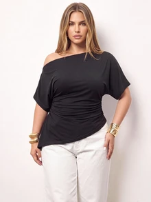 Maija Plus Size Women's Asymmetric Neck Sleeveless Casual T-Shirt Top, Spring/Summer Chic - Black - View 6