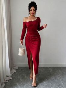 SHEIN Raffinéa Women's Autumn Winter Elegant Solid Color Long Sleeve Fitted Dress, High Slit Asymmetrical Shoulder Pearl Decor, Sexy Party Dress For Daily Dating - Burgundy - View 7