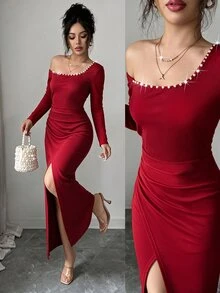 SHEIN Raffinéa Women's Autumn Winter Elegant Solid Color Long Sleeve Fitted Dress, High Slit Asymmetrical Shoulder Pearl Decor, Sexy Party Dress For Daily Dating - Burgundy - View 4