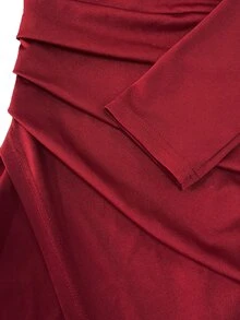SHEIN Raffinéa Women's Autumn Winter Elegant Solid Color Long Sleeve Fitted Dress, High Slit Asymmetrical Shoulder Pearl Decor, Sexy Party Dress For Daily Dating - Burgundy - View 8