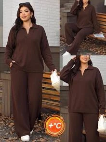 SHEIN LUNE Plus Size Women's Solid Color Long Sleeve Top And Pants Knit Set - Coffee Brown - View 8
