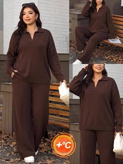 SHEIN LUNE Plus Size Women's Solid Color Long Sleeve Top And Pants Knit Set