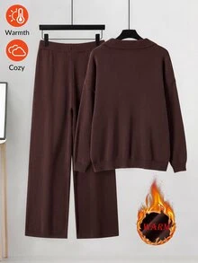 SHEIN LUNE Plus Size Women's Solid Color Long Sleeve Top And Pants Knit Set - Coffee Brown - View 2