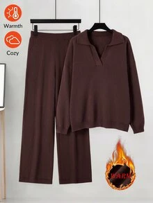SHEIN LUNE Plus Size Women's Solid Color Long Sleeve Top And Pants Knit Set - Coffee Brown - View 1