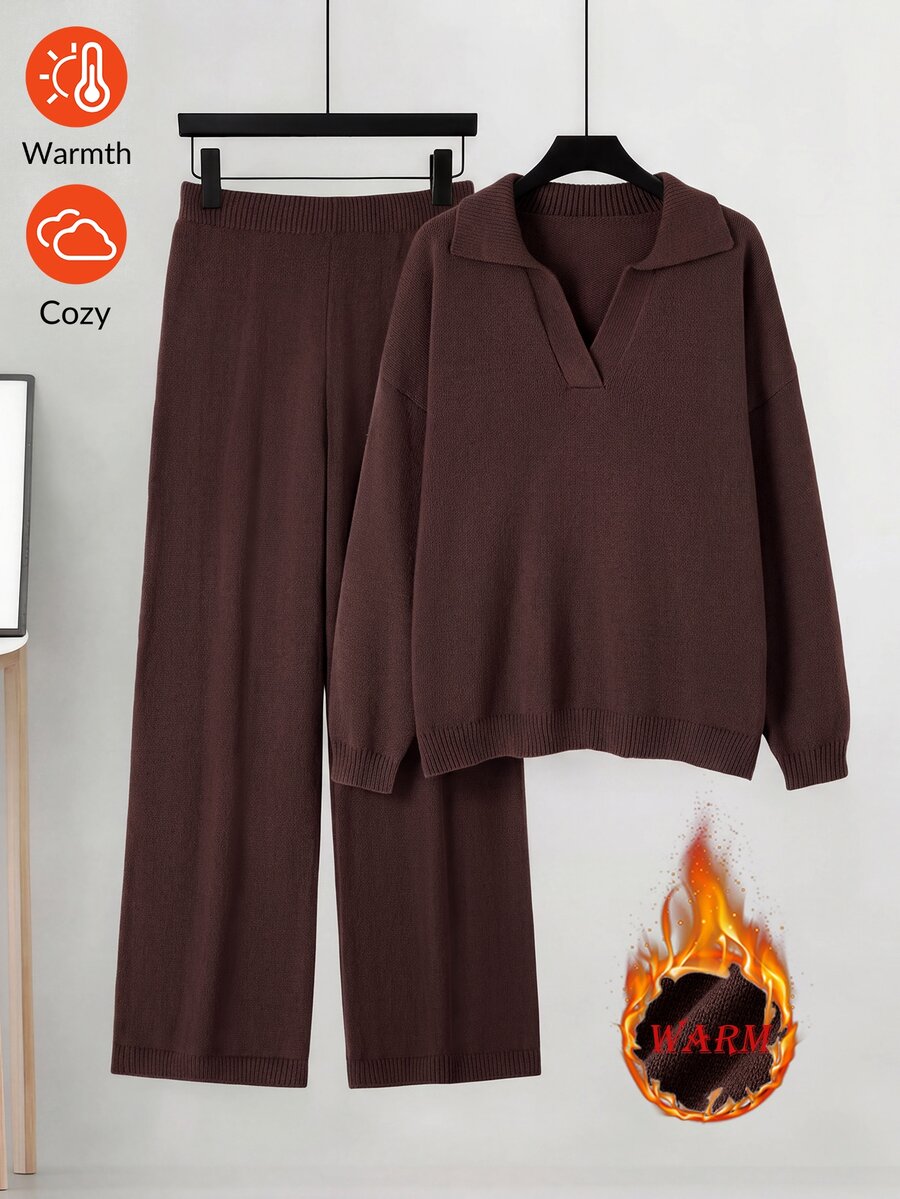 SHEIN LUNE Plus Size Women's Solid Color Long Sleeve Top And Pants Knit Set - Coffee Brown - View 1
